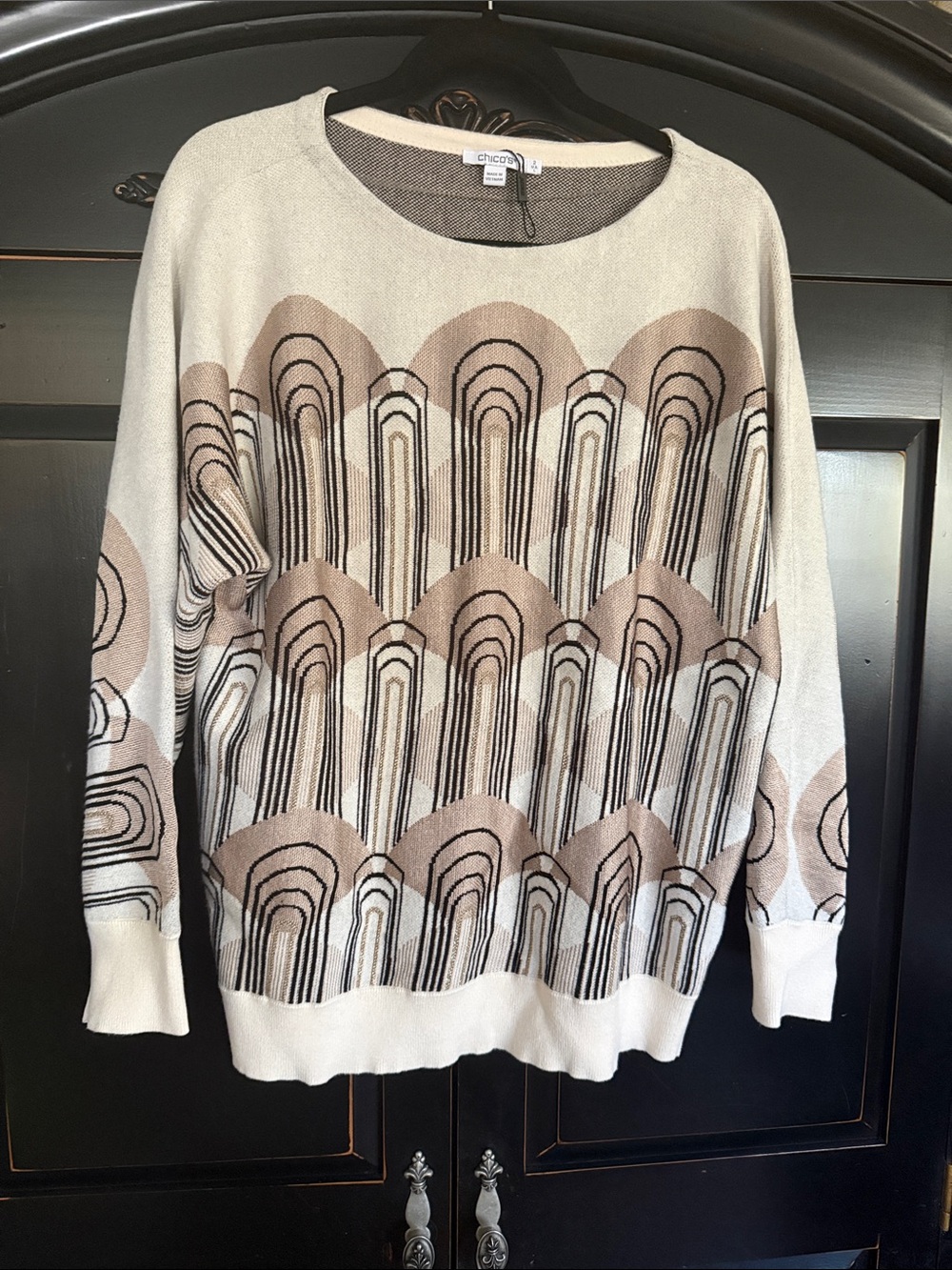Chico's Cream, Taupe & Black Geometric Knit Crewneck Sweater Sz 2